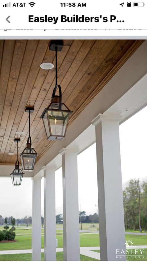 Barndominium Porch Lights, Wrap Around Porch Lighting, Front Porch Hanging Lights, Farmhouse Front Porch Ceiling Lights, Porch Tongue And Groove Ceiling, Farmhouse Porch Lights Entrance, Wood Ceiling Front Porch, Porch Ceilings Wood, Hanging Lanterns On Front Porch