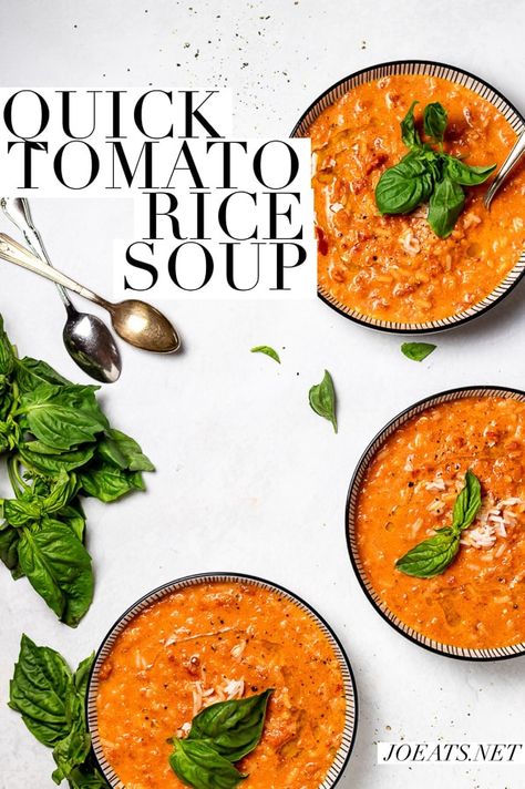 Tomato Rice Soup, Cream Of Tomato, Rice Soup Recipes, Tomato Rice, Cozy Dinner, Comfort Soup, Quick Lunch, No Bake Snacks, Vegetarian Soup