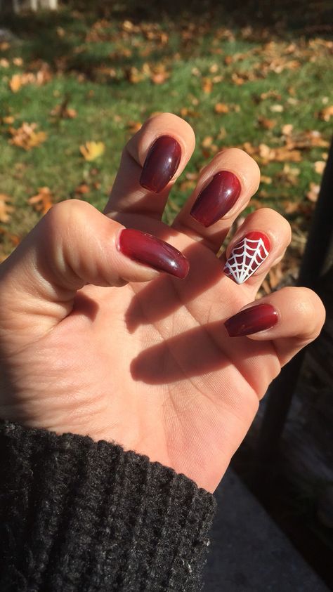 Mood changing gel polish #red #black #spiderWeb 🕸🕷👻💀🎃 Red Nails With Ghost, Halloween Nails Burgandy, Red And Black Spooky Nails, Simple Spiderweb Nails, Red Nails With Spiderweb, Red Spider Web Nails, Red Spiderweb Nails, Red And Black Halloween Nails Acrylic, Dark Red Halloween Nails