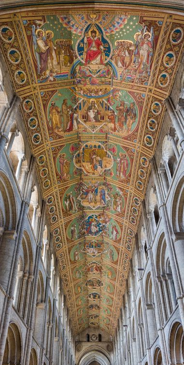 Ely Cathedral ceiling of the nave.  The construction of the nave was underway from around 1115, and roof timbers dating to 1120 suggest that at lest the eastern portion of the nave roof was in place by then.  By 1140 the nave had been completed in early Romanesque style. Ely Cathedral, Gothic Cathedrals, Gothic Church, Cathedral Church, David Hockney, Cathedral Ceiling, Gothic Architecture, The Ceiling, Superhero Art