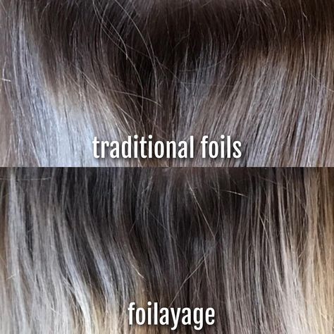 @samanthasbeautyconfessions on Instagram: traditional foils vs. foilayage - what’s the difference? traditional foils lighten the hair from roots to ends, giving the hair more of a consistent and patterned based look. foilayage allows the hair to be softer at the root and lighter on the ends, resulting in a more natural grow out! Which method is right for you? if you want an all over blonde look, i would do foils! if you like more of an effortless look, i would choose foilayage. Foil Vs Balayage, Full Foil Highlights Vs Partial, Foilayage Hair Vs Balayage, Foilyage Hair, Foliage Hair, Full Head Blonde Foils Root Stretch, Scalp Bleach Blonde Vs Foils, Highlights Brown Hair Balayage, Hair Color Placement