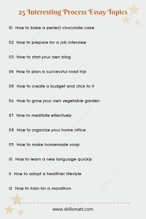 Explore these 25 interesting process essay topics that will guide you through writing clear and engaging process papers on a variety of subjects.,
Need help with your essays/ paper? I offer professional writing services to boost your success. Visit our website for personalized assistance! Interesting Topics To Research, Professional Writing, Essay Topics, Interesting Topics, Create A Budget, Learn A New Language, How To Make Homemade, Home Made Soap, Writing Help