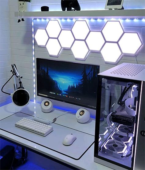 Hexagon Lights Wall Gaming, Rgb Lighting Ideas Gaming, Hexagon Lights Wall Design, Led Hexagon Light, Hexagon Led Light, Hexagon Game, Creative Lights, Bedroom Gaming, Gaming Rooms