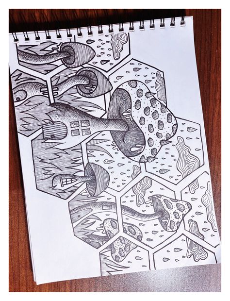 Sharpie Doodle Ideas, Drawings Of Mushrooms Pencil, Mushroom Field Drawing, Mushroom Scene Drawing, Mushroom City Drawing, Folder Drawing Ideas, Cool Sharpie Drawings, Mushroom Ink Drawing, Mushroom Sketch Ideas