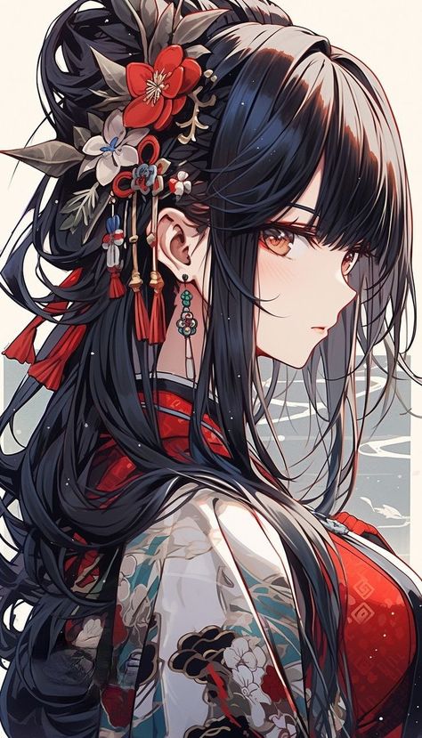 Anime Female In Kimono, Anime Kimono Woman, Black Kimono Anime, Anime Female Kimono, Chinese Anime Woman, Anime Kimono Design, Anime In Kimono, Anime Long Hair, Anime Kimono