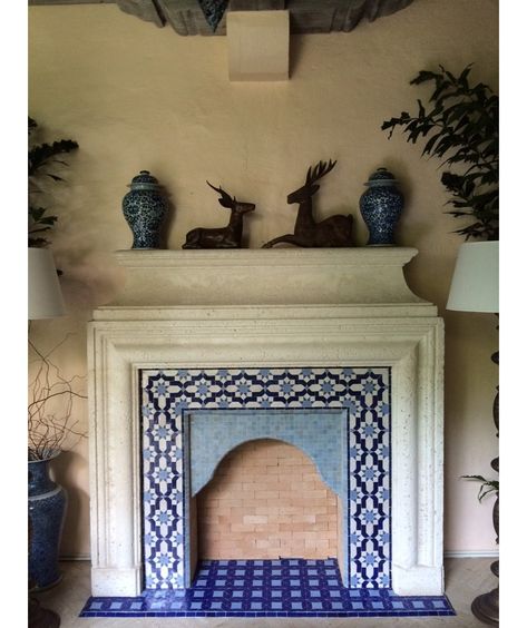 Italian Fireplace Ideas, Moroccan Fireplace Ideas, Turkish Fireplace, Spanish Tile Fireplace, Blue Tile Fireplace, Moroccan Tile Fireplace, Mexican Tile Fireplace, Mexican Fireplace, Moroccan Fireplace