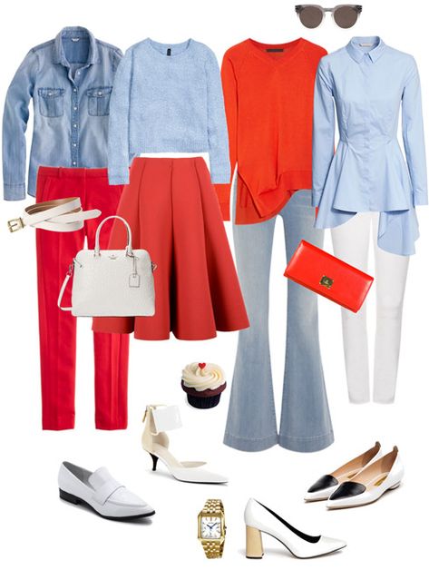 Ensemble: Tomato Red, Light Blue & White Blue White Red Outfit, Tomato Red Color Combination, Blue And Red Outfit Women, Red And Light Blue Outfit, Light Blue Color Combinations Outfit, Light Blue Color Combinations, Light Blue Top Outfit, Light Blue Blouse Outfit, Light Blue Pants Outfit