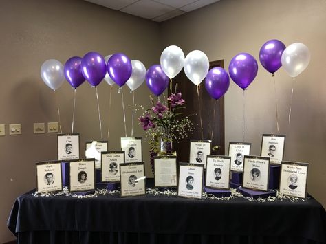 Alumni Meet Decoration, 40th Class Reunion Decorations, Memorial Table Ideas For Class Reunion, Class Reunion Memorial Table Ideas, Memorial Tables, High School Reunion Planning, Family Reunion Centerpieces, School Reunion Decorations, Family Reunion Keepsakes