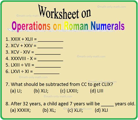 Worksheet on Operations on Roman Numerals Roman Numerals Worksheet, Roman Numeral 5, Roman Numeral 2, Roman Numeral 1, Roman Numerals Chart, Class 4 Maths, Roman Numeral Numbers, Maths Worksheet, Chemistry Basics