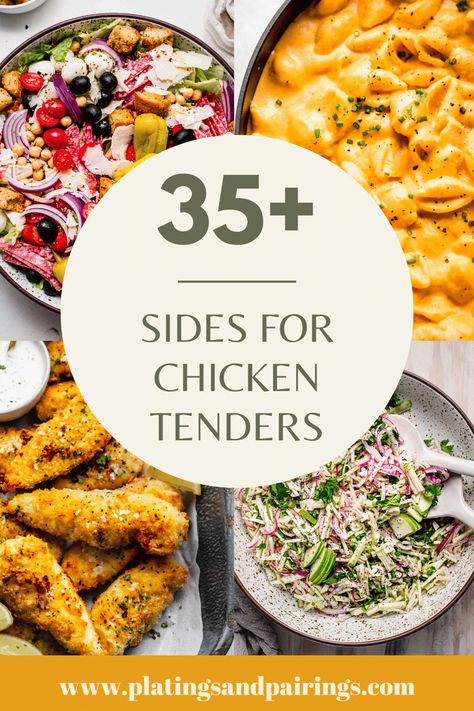 Looking for some simple sides for chicken tenders? I've got you covered with this handy guide. From mac and cheese, to sauteed greens & more! Sides To Go With Chicken Tenders, Sides With Chicken Tenders, Chicken Tender Sides, Sides For Chicken Tenders, Healthy Chicken Fingers, Sauteed Zucchini And Squash, Shaved Brussel Sprout Salad, Buffalo Chicken Tenders, Sides For Chicken