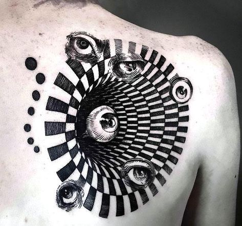 Amazing surreal eyes in blackhole tattoo idea. Color: Black. Tags: Creative, Amazing Esoteric Tattoo, Black Hole Tattoo, Optical Illusion Tattoo, Kunst Tattoos, Marquesan Tattoos, Custom Temporary Tattoos, Theme Tattoo, Mc Escher, 3d Tattoos