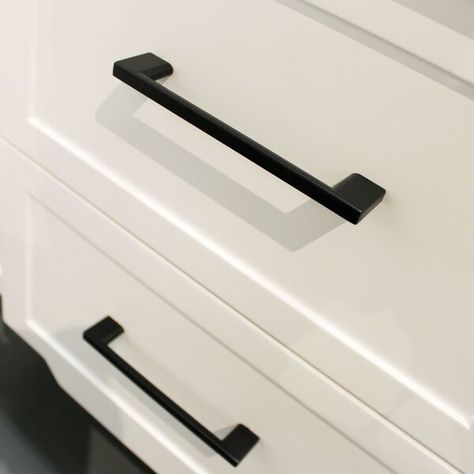 Modern Industrial Kitchen, Black Drawer Pulls, Broom Closet, White Shaker Cabinets, Black Cabinet, Kitchen Pulls, Chrome Faucet, Farmhouse Kitchen Design, Closet Cabinets