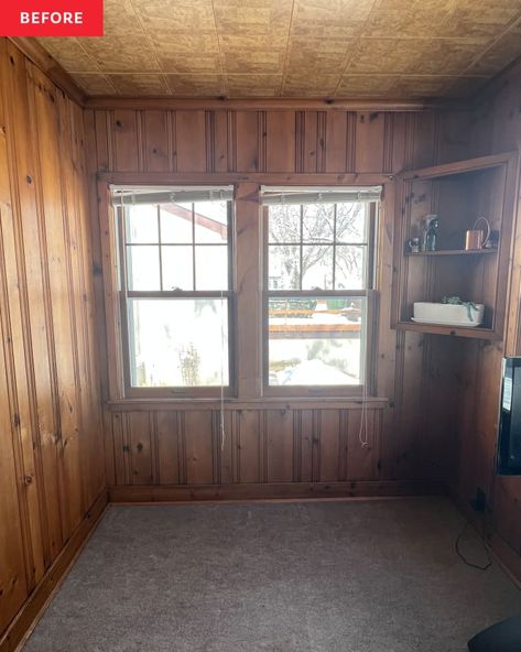 How To Brighten Wood Panel Room, Wood Panel Sunroom Makeover, Sunroom Ideas Wood Paneling, Old Sunroom Makeover, Wood Panel Sunroom, Sunroom Addition Off Living Room, Small Sunroom Addition, Painted Wood Paneling, Wood Paneling Makeover