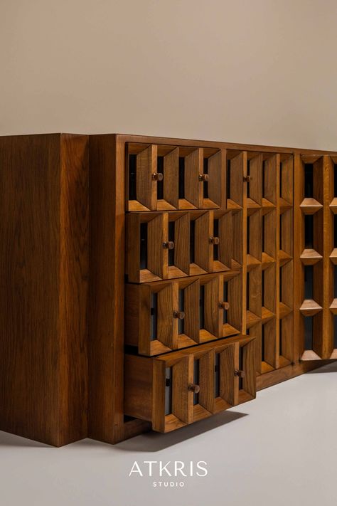 Sideboard in Slavonian Oak with Glass Framed Doors and Drawers by Giuseppe Rivadossi, Italy 1975 vintage design | vintage sideboard | Italian design | Giuseppe Rivadossi | vintage interior | glass wood sideboard Wood Door Frame Design, Rounded Cabinet Doors, Diriyah Gate, Italian Villa Interior, Mid Century Cabinets, Dark Blond, Retro Sideboard, Vintage Drawer, Vintage Door Knobs