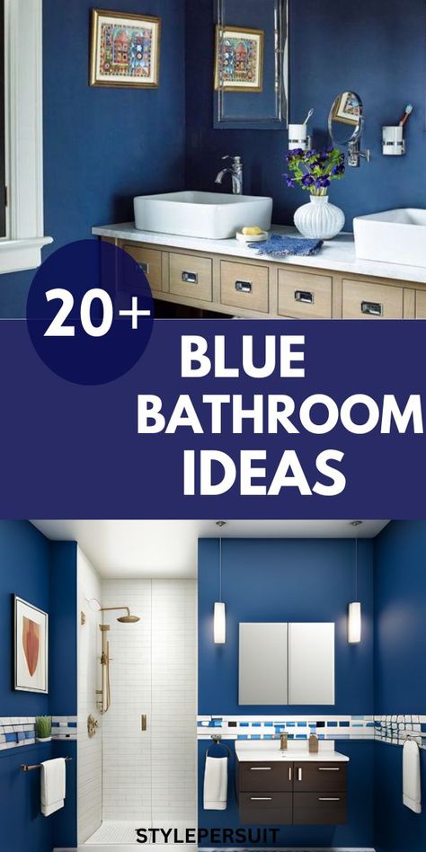 A modern blue and white bathroom with elegant tile flooring, wooden accents, and minimal WC design, showcasing a timeless and versatile style. Blue And White Subway Tile Bathroom, Navy Blue Small Bathroom Ideas, Blue Square Tiles Bathroom, Teal Master Bath, Bathroom Remodel Blue Walls, Small Navy Blue Bathroom, Dark Blue Walls Bathroom, Bathroom Decor Ideas Colors Blue, Periwinkle Bathroom Ideas