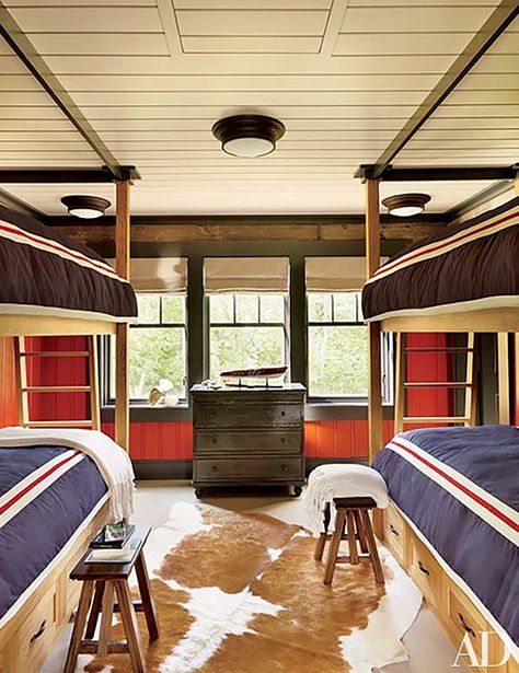 Enchanting lakeside family retreat in the Adirondack Mountains Cool Boys Bedroom Ideas, Cool Bedrooms For Boys, Themed Kids Room, Thom Filicia, Built In Bunks, Bunk Rooms, Cool Bunk Beds, Bunk Room, Red Rooms