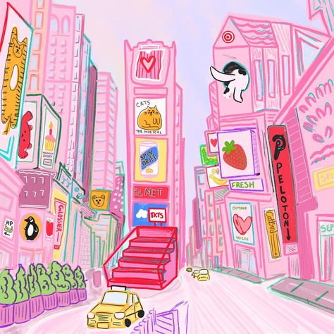 NYC in Pink Prints available @saltairecollective ✨✨ . . #nyc #nycinpink #ellyinpink #nycillustrator #nyclandmarks #empirestate #grandcentral #nypl Pink Nyc Aesthetic, Pink Illustration Aesthetic, New York Illustration Art, Nyc Illustration, Nyc Drawing, Pink Word, New York Illustration, Pink New York, Nyc Taxi