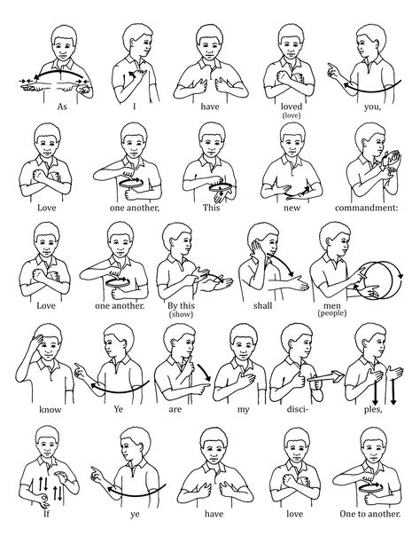 A series of sign language illustrations to help children learn the signs for “Love One Another.” From the Children’s Songbook, page 137, “Love One Another”; illustration by Jennifer Harward. English Sign Language, Makaton Signs, Simple Sign Language, Sign Language Art, Asl Sign Language Words, Sign Language Chart, Sign Language For Kids, Sign Language Lessons, Sign Language Phrases