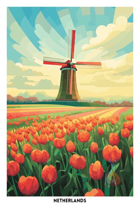 Europe Landscape Painting, Posca Inspiration, Tulip Fields Netherlands, Netherlands Poster, Poster Examples, Tulips Field, Dutch Culture, Typographic Poster Design, Country House Style