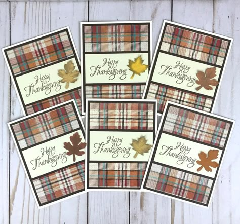 "This set of 6 Happy Thanksgiving cards with coordinated envelopes is the perfect stationery set for the autumn holiday. The blank note cards are 4.25 x 5.5 inches (A2) and are made with plaid scrapbook paper, a cardstock mat, a stamped \"Happy Thanksgiving\" sentiment and paper leaves. The inside of the card is left blank for the user to write their own thoughts and sentiments. CARD SIZE: 4.25 x 5.5 inches (A2), set of 6 cards. FOR A DIY KIT FEATURING THESE SAME PAPERS, PLEASE CLICK ON THE FOLL Stampinup Thanksgiving Cards, Handmade Autumn Cards, Thanksgiving Handmade Cards Ideas, Stampin Up Scenic Pumpkin Patch Cards, Thanksgiving Day Cards Homemade, Fall Cards Handmade Simple, Turkey Cards Handmade, Fall Greeting Cards Handmade, Su Thanksgiving Cards