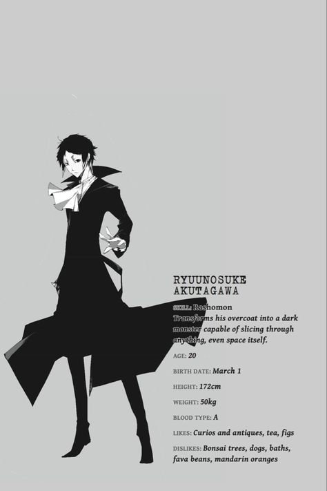 Ryuunosuke Akutagawa, Dog Doctor, Bungou Stray Dogs Characters, Dog Info, Character Profile, Silly Dogs, Cute N Country, Bongou Stray Dogs, Stray Dogs Anime