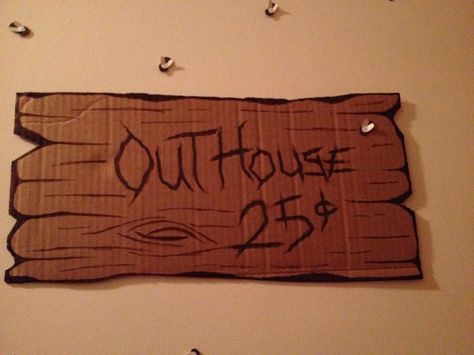 Camping themed birthday party "outhouse .25" bathroom sign with flies Outhouse Ideas, Outhouse Signs, Camping Themed Birthday Party, Hillbilly Party, Camping Theme Birthday Party, Camp Party, 1st Rodeo, Camping Bathroom, Camping Classroom