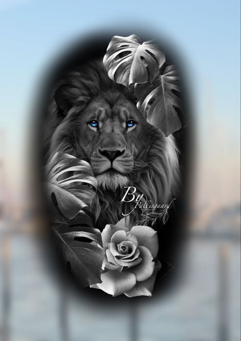 Blue eyed lion with rose and leafs Blue Eye Lion Tattoo, Lion With Blue Eyes Tattoo, Lion And Rose Tattoo, Lion Fashion, Mouth Tattoo, Belly Tattoo, Lion Tattoo Design, Tattoo Design Book, Rose Tattoo Design