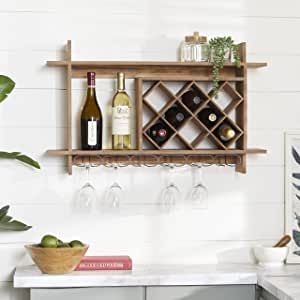 Deco 79 Wood Geometric 8 Bottle Slot Wall Wine Rack with 6 Glass Holder Slots, 34" x 8" x 20", Brown Farmhouse Wine Rack, Wood Wall Wine Rack, Wall Wine Rack, Wall Mounted Wine Rack, Wine Shelves, Wine Bottle Rack, Wood Wine Racks, Brown Wall, Wine Rack Wall