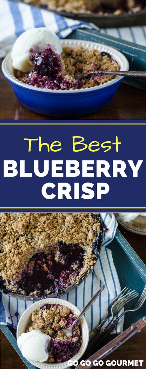 Move over Pioneer Woman, this is the BEST Blueberry Crisp recipe! Comparable to a cobbler, but with a delicious crumble on top, this dessert is perfect for summer! #bestblueberrycrisprecipe #blueberryrecipes #summerdessertrecipes #gogogogourmet via @gogogogourmet Haskap Recipes, Best Blueberry Crisp, Pomegranate Desserts, Fresh Blueberry Recipes, Blueberry Pies, Blueberry Crisp Recipe, Blueberry Desserts Recipes, Blueberry Cobbler Recipes, Blueberry Crisp