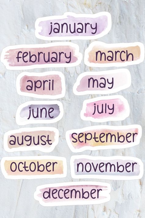 Months of the Year - Pastel Watercolor Headers - Stickers March Stickers, Bridgerton Stickers, Months Stickers, Calligraphy Journaling, Concert Scrapbook, Pink Classroom, Name Of Months, Planner Monthly Layout, Sticker Images