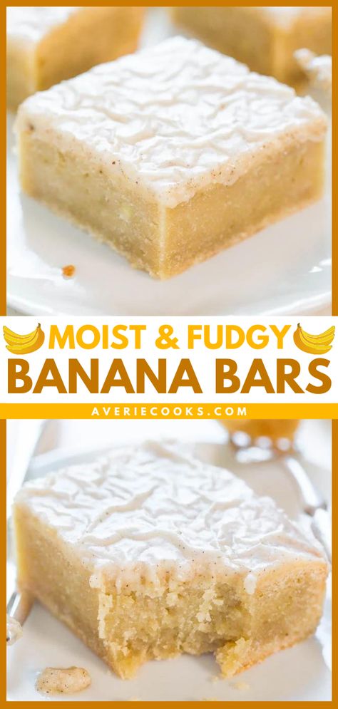 Ultra Fudgy Banana Bars (+ Vanilla Bean Glaze) - Averie Cooks Banana Blondies With Brown Butter Icing, Banana Blondies Recipe, Blondies Recipes, Banana Blondies, Easy Impressive Dessert, Banana Brownies, Banana Dessert Recipes, Averie Cooks, Banana Bars