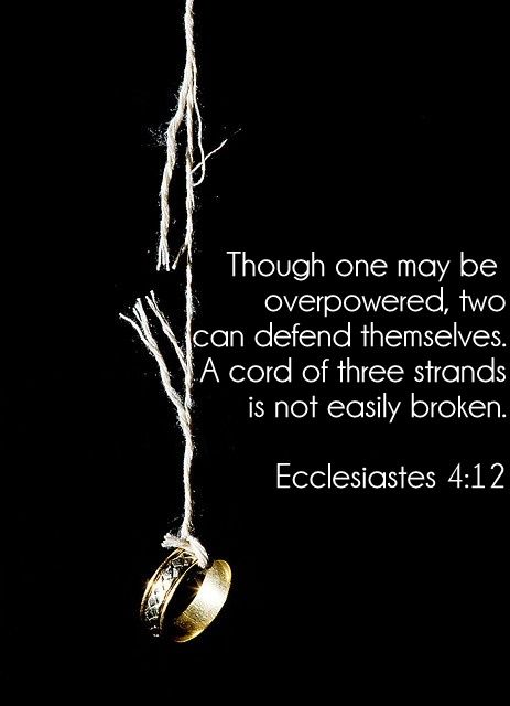 My favorite bible verse: Ecclesiastical 4:12 Though one may be overpowered, two can defend themselves "a cord of three strands is not quickly broken"  (to me - this represents a husband & wife & God) Cord Of Three Strands, Godly Marriage, Love My Husband, Favorite Bible Verses, Marriage Quotes, Husband And Wife, Verse Quotes, Love And Marriage, Bible Scriptures