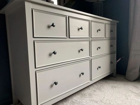 Ikea Hemnes dresser hack is complete with new trim and fresh paint color | Building Bluebird #ikeahack #hemnes #diy #moodybedroom Painting Ikea Dresser, Ikea Hemnes Dresser Hack, Hemnes Dresser Hack, Ikea Dresser Hack, Ikea Hemnes Dresser, Dresser Hack, Hemnes Dresser, Ikea Drawers, Ikea Dresser