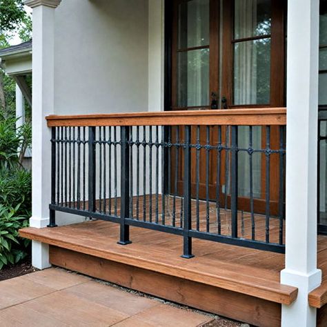 40 Porch Railing Ideas to Transform Outdoor Spaces Front Porch Railing Ideas Wrought Iron And Wood, Cottage Railing Ideas, Modern Outdoor Railing Ideas, Black Iron Railing Front Porch, Black Metal Porch Railing, Black Porch Railing Ideas, Metal Porch Railing Ideas, Outside Railing Ideas, Patio Railing Ideas