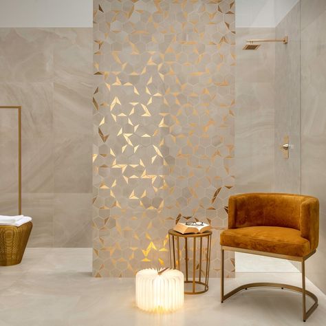 Porcelain Superstore, Barn Bathroom, Iranian Architecture, Loft Bathroom, Gold Tile, Tiles Ideas, Gold Mosaic, Luxury Tile, Beige Tile