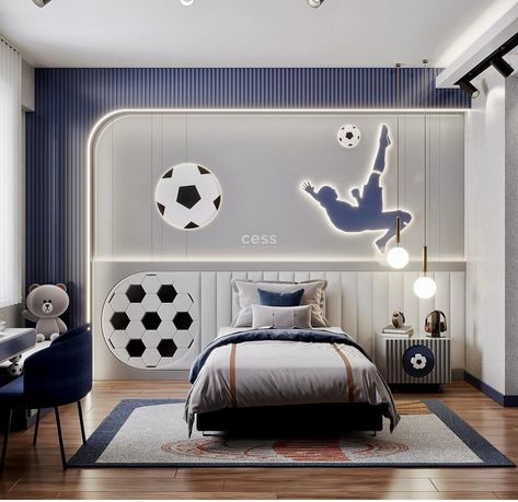 Boy Soccer Room, Soccer Boys Room, Youth Bedroom Design, Soccer Room Ideas For Boys, 8 Year Boy Room Ideas, Soccer Bedroom Ideas, Sports Themed Bedroom For Boys, Sports Theme Bedroom, Soccer Kids Room