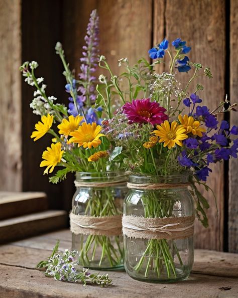 Brighten your space with wildflower arrangements! These vibrant blooms in rustic jars bring nature indoors. 🌼✨ 
Share the beauty of gardening today!
.
#homeandgarden #betterhomesandgardens #homegardening #homesandgardens #homegarden #gardenhome #gardeningathome #flowers #plants #beautifulflowers Wildflower Arrangements Simple, Wildflower Arrangements, Jam Jar Flowers, Garden Of Flowers, Small Joys, Bring Nature Indoors, Spring Wedding Flowers, Wedding 2025, Ornamental Plants