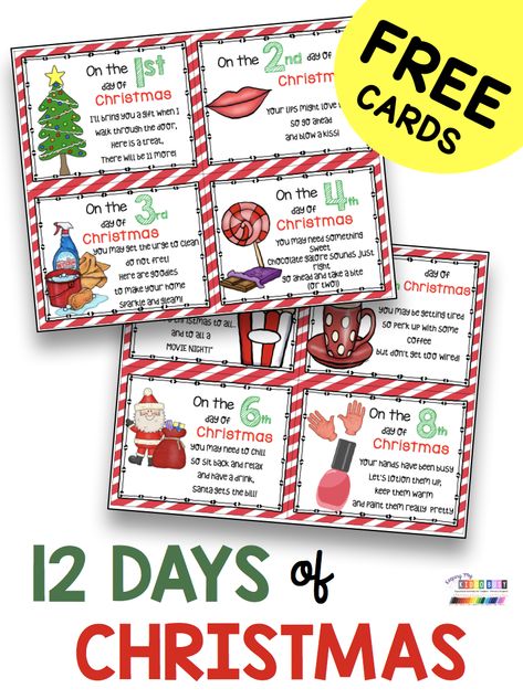 FREE 12 days of Christmas note cards - print and attach to adorable little gifts to give a teacher or friend each day leading up to Christmas - freebie printable cards - twelve days of Christmas - elf #12daysofchristmas #teachergifts #twelvedaysofchristmas 12 Days Of Christmas Employee Gifts, 12 Days Of Christmas Sayings, 12 Days Of Christmas Kindergarten, 12 Days If Christmas For Teachers, 12 Days Of Christmas In The Classroom, 12 Days Of Christmas For Coworkers, 12 Days Of Christmas Gift Ideas For Teachers, 12 Days Of Christmas Teacher Gifts, 12 Days Of Christmas Gifts For Teachers