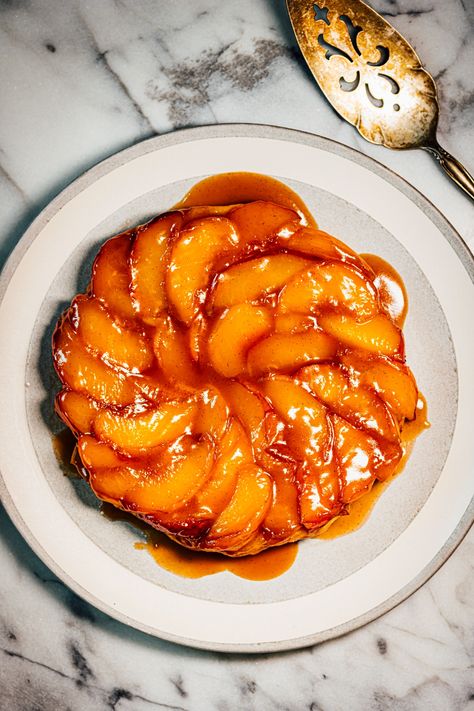 Peach Tarte Tatin | Sweet Bites | Nik Sharma Cooks Anchovy Salad, French Potatoes, Peach Tart, Peach Ice Cream, Peach Syrup, Sweet Bites, Stone Fruits, Perfect Peach, Favorite Pie