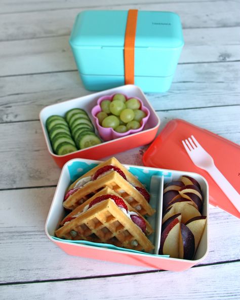 Go Bento! These Kids Lunch Box Ideas Will Inspire You | Whether it's back to school and you need lunch box help or halfway through the school year and you're out of ideas, these bento bxoes will help you make clever and easy creations! Lunch never looked so good before-and your kids are sure to agree! Try this Wafflicious Bento with a sweet breakfast sandwich made with homemade waffles, cream cheese and strawberries.  #food #backtoschool #marthastewart #kidslunchideas Traditional Japanese Bento, Field Trip Lunch, Kotak Bento, Bento Box Lunch For Kids, Bento Box Recipes, Bento Kids, Japanese Bento Box, Bento Box Kids, Healthy School