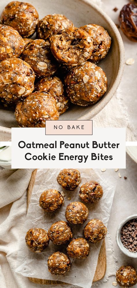 No bake oatmeal peanut butter cookie energy bites that taste just like your favorite cookie! These delicious, easy oatmeal cookie energy bites are packed with fiber and protein thanks to creamy peanut butter, oats and chia seeds. Add cacao nibs for rich chocolate flavor in every bite! #nobake #healthysnack #energybites #glutenfreesnack #kidfriendly #snackrecipe No Bake Oatmeal, Oatmeal Energy Bites, Oatmeal Peanut Butter, Oatmeal Bites, Peanut Butter Energy Bites, Oatmeal Cookies Easy, Peanut Butter Bites, Classic Peanut Butter Cookies, No Bake Energy Bites