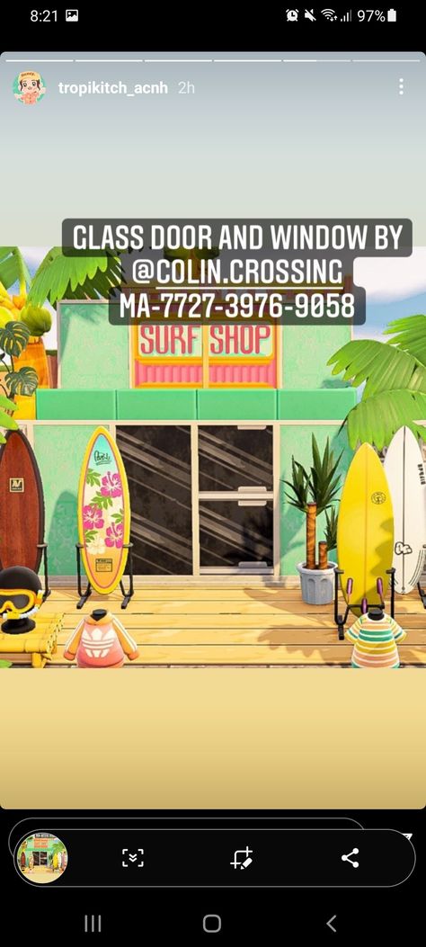 Acnh Surf Shop, Acnh Beach Clothes, Cottagecore Animal Crossing, Urban Island, Glass Door Design, Animal Crossing 3ds, Sliding Door Design, Glass Building, Animal Crossing Qr Codes Clothes