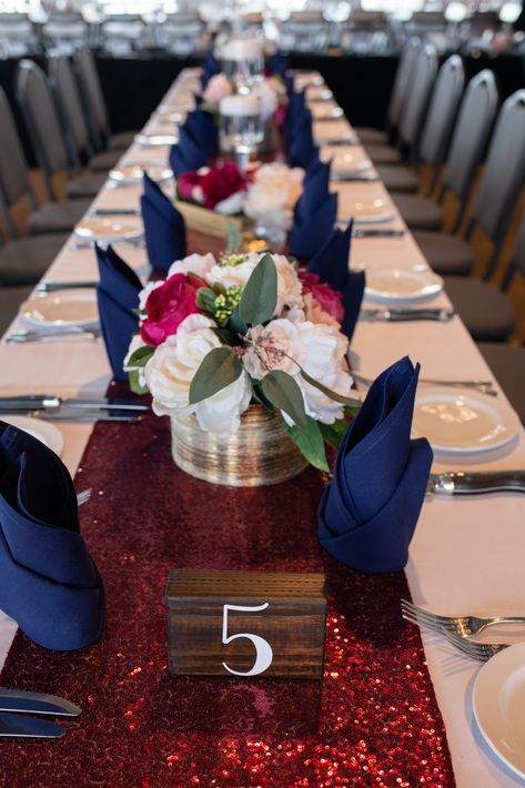 Red And Blue Wedding Reception, Blue Red Black Party Decorations, Red Blue Gold Party Theme, Red White And Blue Table Decor, Red And Blue Table Setting, Red White And Blue Wedding Decorations, Red White Blue Centerpieces, Red And Black Table Decorations, Red White Blue Wedding