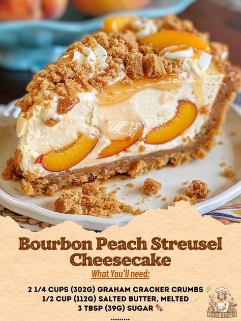 Very easy cooking recipes | Bourbon Peach Streusel Cheesecake combines the flavors of peaches, bourbon, brown sugar, and cinnamon in a creamy, delicious cheesecake, making it a p... | Facebook Bourbon Bacon Cheesecake, Bourbon Peach Cheesecake, Peaches Cheesecake, Bourbon Peach Pie, Bourbon Cheesecake, Bacon Cheesecake, Peach Cobbler Cheesecake Recipe, Peach Streusel, Brown Sugar Peaches