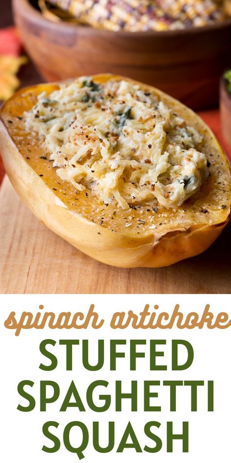 stuffed spaghetti squash Spaghetti Squash Artichoke Recipes, Spinach Artichoke Spaghetti Squash, Arbonne Meals, Spaghetti Squash Shrimp, Healthy Squash Recipes, Keto Pasta Recipe, Artichoke Stuffed, Stuffed Spaghetti Squash, Spaghetti Squash Recipe