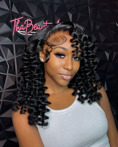 Omggg the wand curls😍😍Love the amazing wig install by stylist @thabeautyassassin💕  Turning heads with every curl. Wand curls for maximum slayage🔥🌟 . . . . . . . . . . . . . #explore #hairtrends #wandcurls #wiggoals #lacefrontwig #deepwavewigs #curlywig #wigunits #wiginstall #lacewigs #lacefrontalwig #issawig #wigsale #wigsforsale #wigstyling #wigfactory #frontalwig #hdwig #humanhairwigs #curlsforthegirls #wigstore #gluelesswig #deepwavehair #wigsforblackwomen #curlyhair #wigmaker Curly Wig With Wand Curls, Wand Curls Medium Length, Wand Curl Updo Hairstyles, Tight Curls With Wand, Wand Curls Middle Part, Middle Part Wand Curls, Side Part Wand Curls, Small Wand Curls, Curled Updo Hairstyles