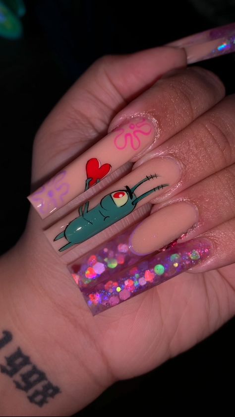 sinfulcreationss on Instagram: Plankton out here stealing hearts not formulas🔥 @sinfulcreationss ✨✨✨ Colors used: @nail.hause -Eye Candy, Melanin✨ • •BA @nail.Hause use… Plankton Heart, Pink Acrylic Nails, Heart Nails, Fire Nails, Candy Apples, Pretty Nails, Gel Polish, Eye Candy, Acrylic Nails