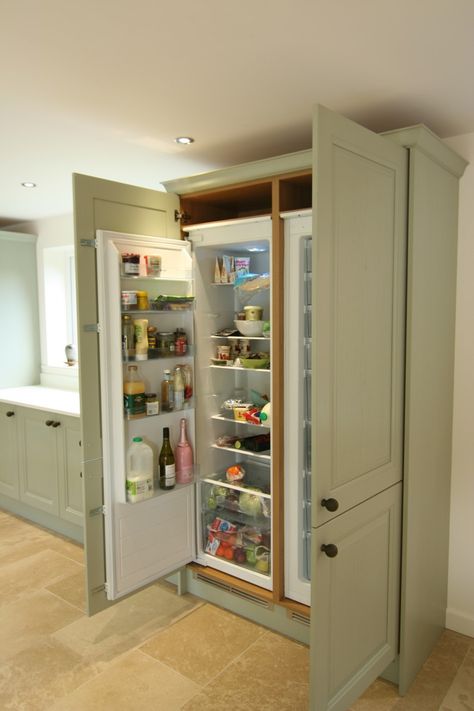 Fridge Freezer Built In, In Built Fridge, Fridge Disguised As Cabinet, Fridge Outside Kitchen, How To Make A Fridge Look Built In, Fridge In Utility Room, Cottage Kitchen Fridge, Kitchen Integrated Fridge, Built In Fridge And Freezer