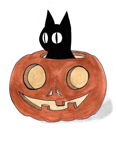 Black Cat Cartoon Drawing, Black Cat Halloween Drawing, Carved Pumpkin Drawing, Halowen Drawing, Drawings Ideas Halloween, October Aesthetic Drawing, Fall Theme Drawings, Cat Halloween Painting, Cute Simple Halloween Drawings