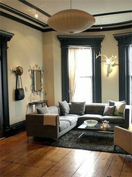 Did this, and ❤️ it! The black trim and tan walls that is! Bonnie and Gary! Urban Chic Living Room, Chic Living Room Design, House Minimalist, Pottery Barn Living Room, Tan Walls, Victorian Living Room, Barn Living, Decor Ikea, Modern Victorian